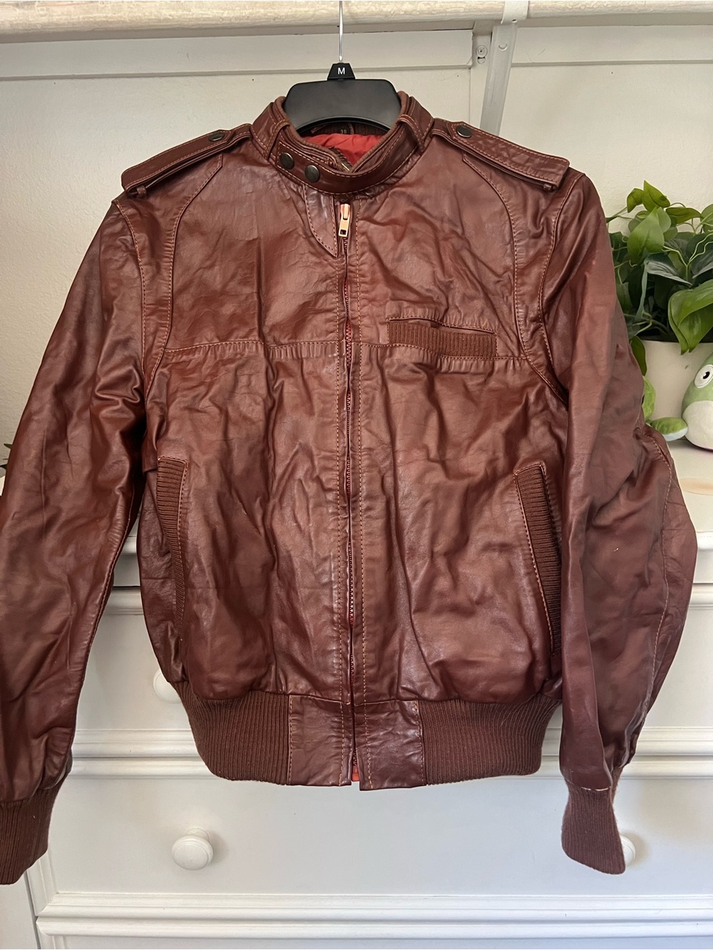 Men's Brown Leather Bomber Jacket - Classic Zip Front